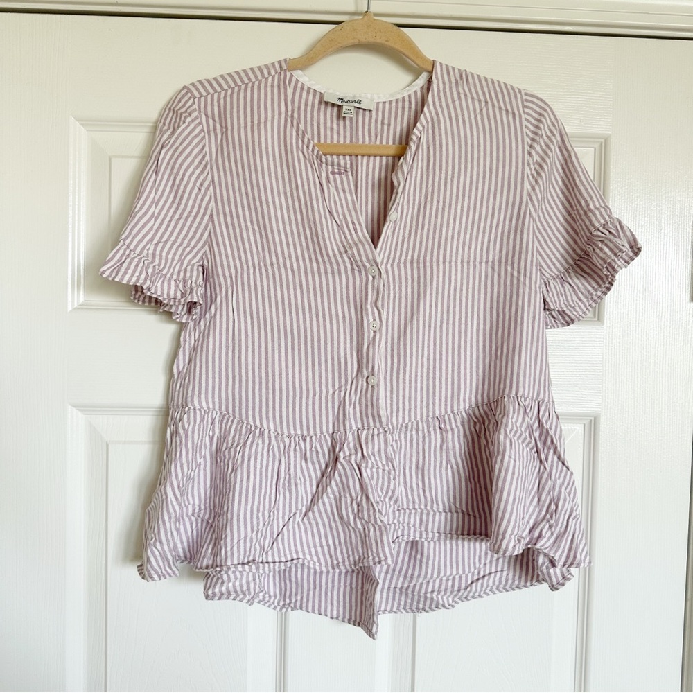 Madewell Studio Ruffle-Hem Top in Lavender Stripe - Picture 2 of 5